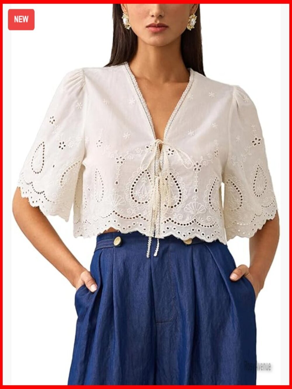 Short Sleeve Eyelet Blouse Tie Front Puff Sleeve V Neck Cropped Top